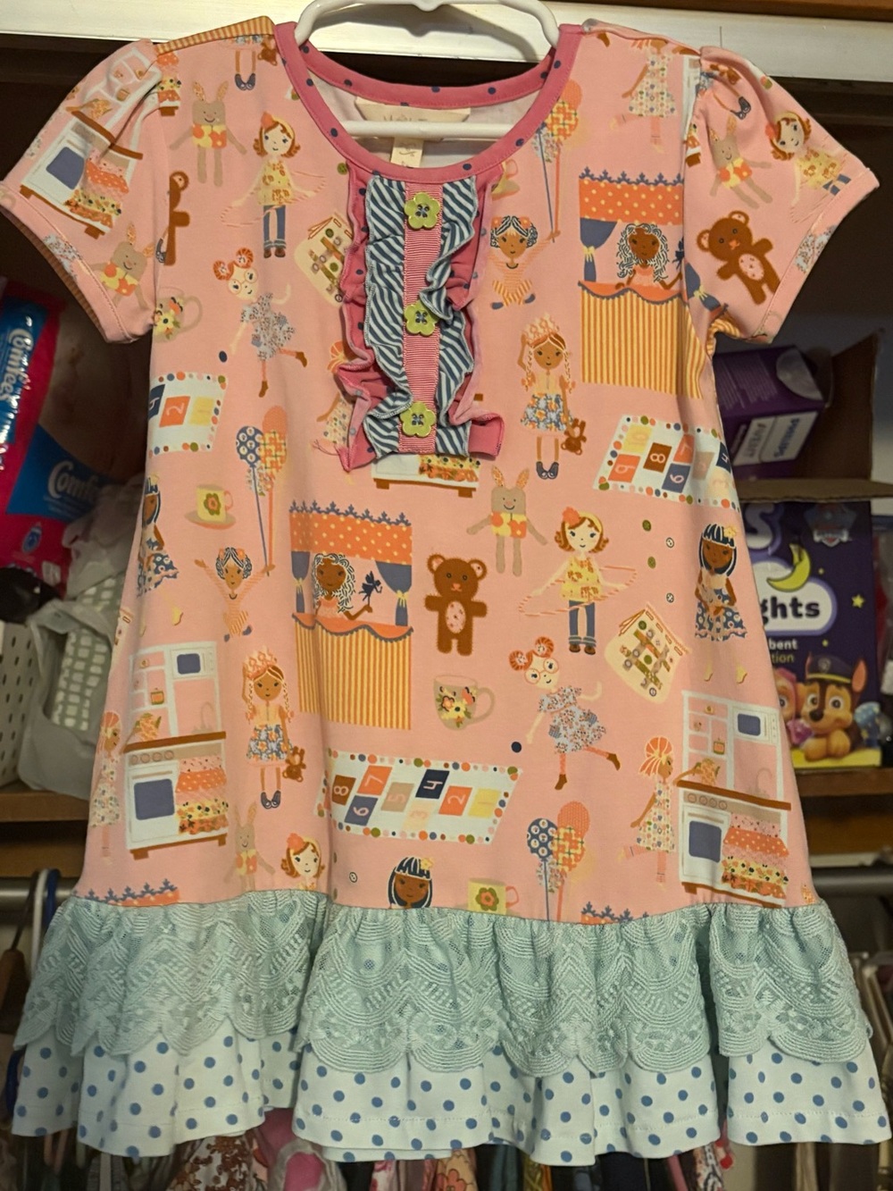 Matilda Jane Size 6 Year Short Sleeve Ruffle Top Shirt Tunic with Aqua lace Trim